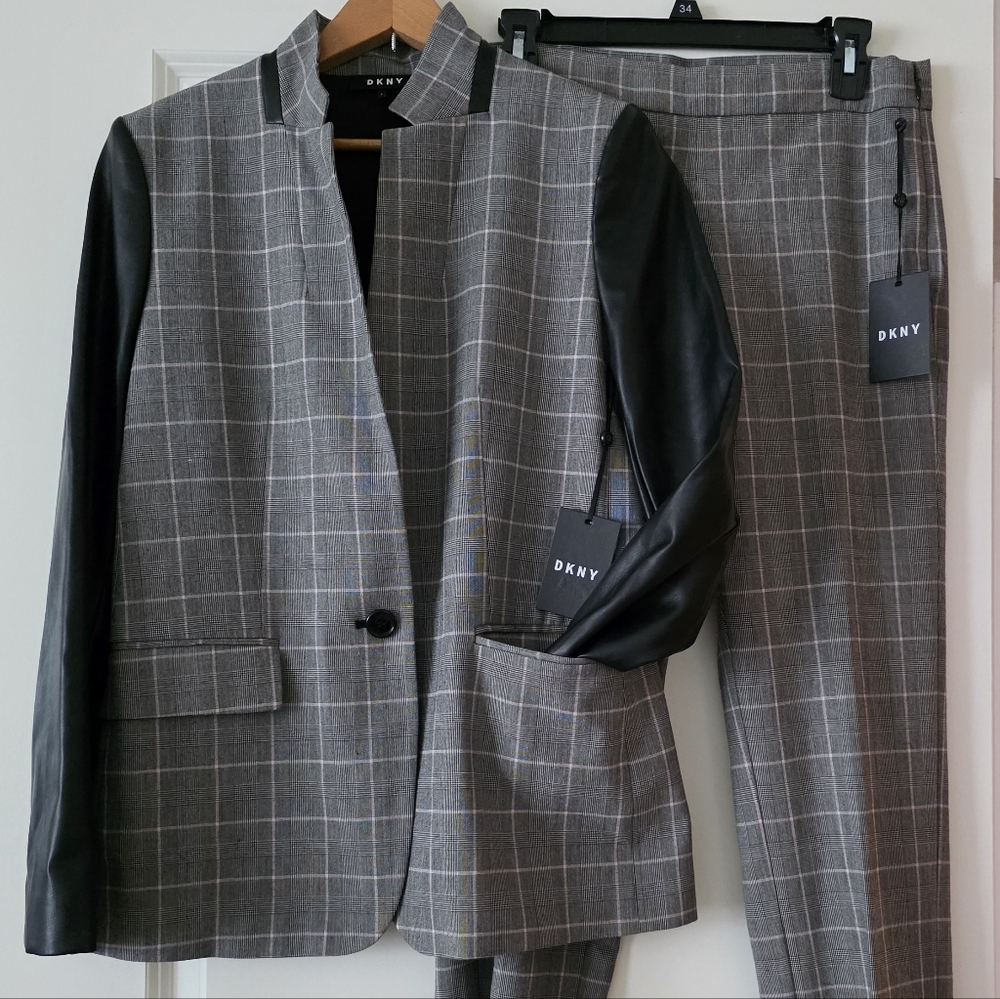 DKNY Plaid & Faux Leather Pants Blazer Suit Womens S 4 NWT Gothic Chic Academia
